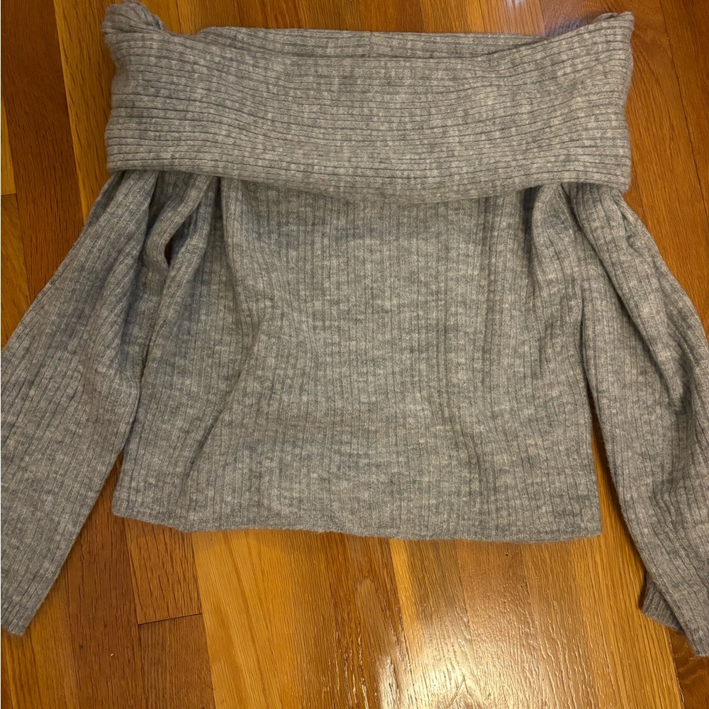 H&M Gray Off-the-Shoulder Sweater with Ribbed Trim